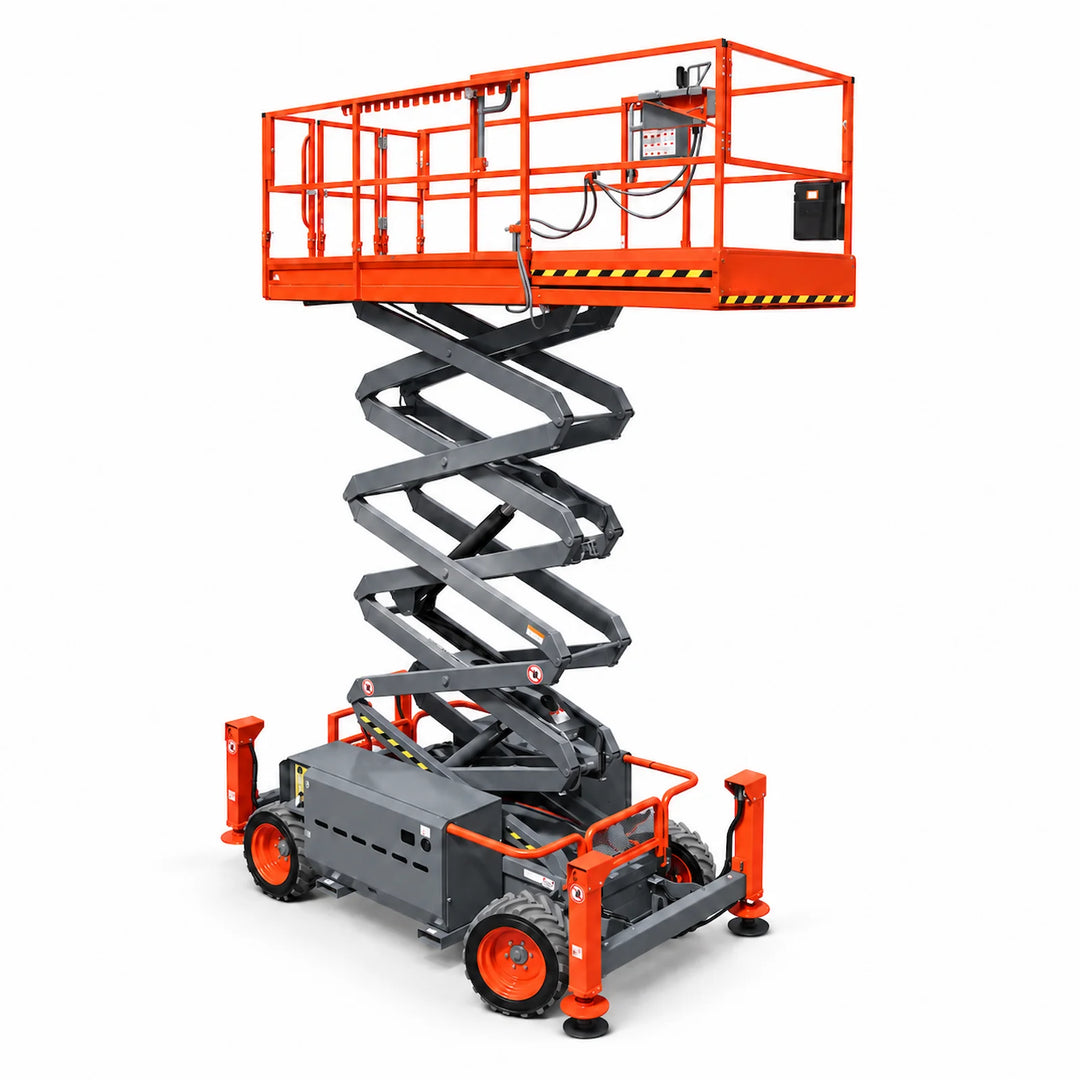 10m diesel rough-terrain scissor lift fully raised with outriggers on a white background