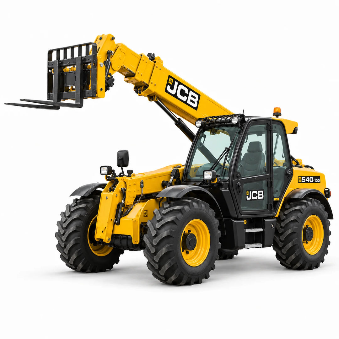 10m telehandler with raised boom and pallet forks on a white background