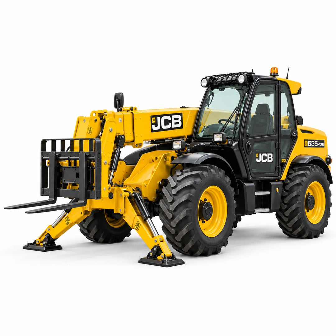 12m telehandler with stabilisers and pallet forks on a white background
