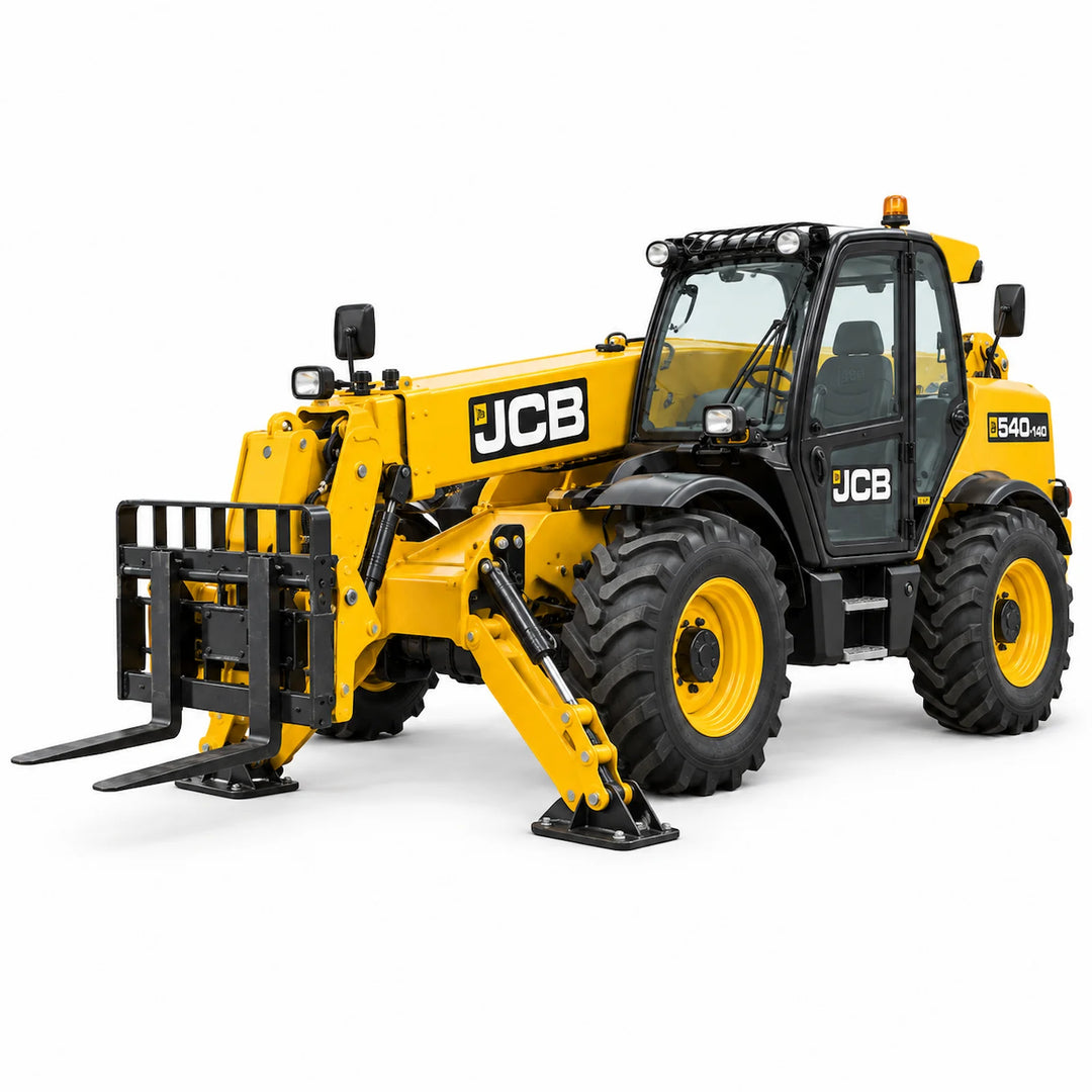 14m telehandler with stabilisers and pallet forks on a white background