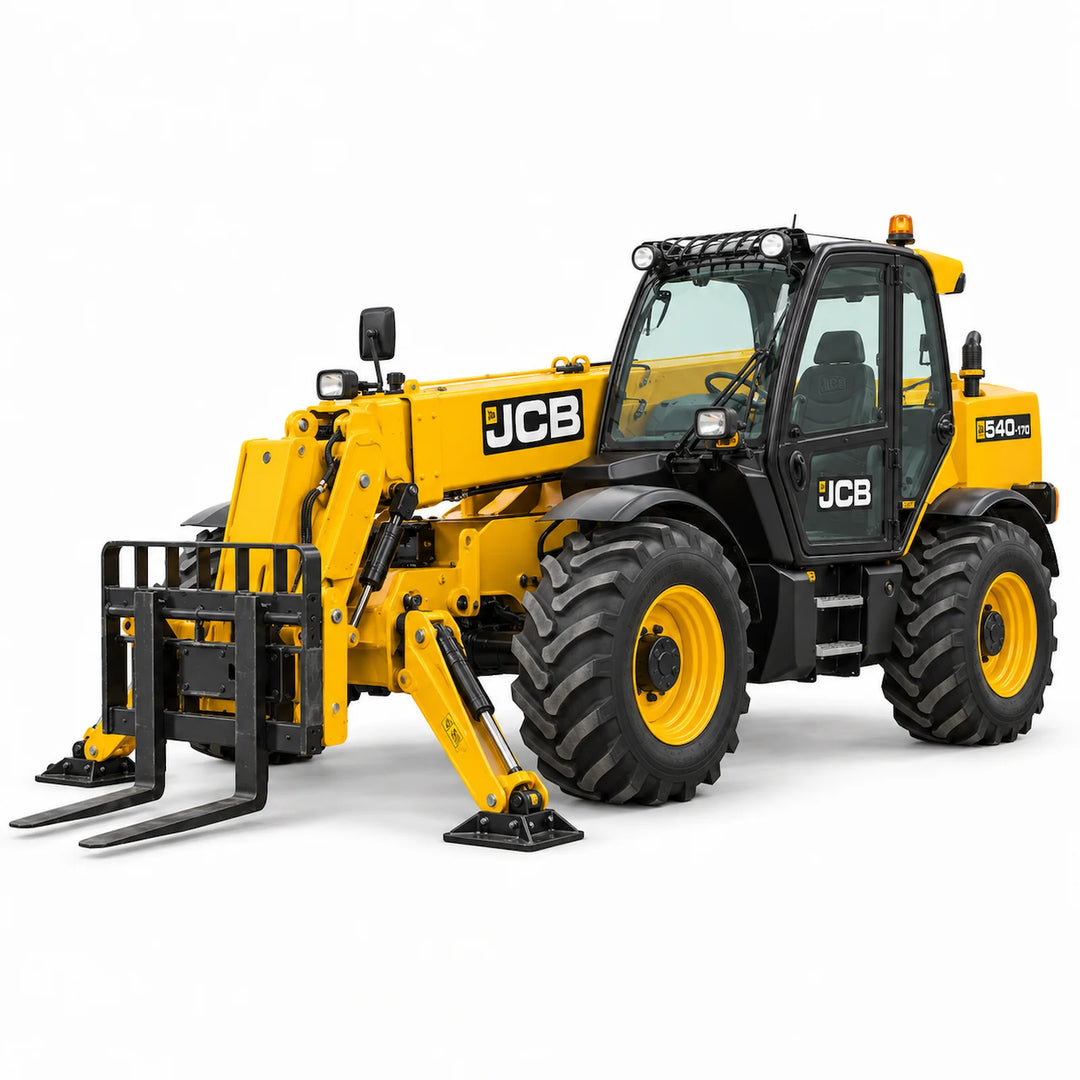 17m telehandler with stabilisers and pallet forks on a white background