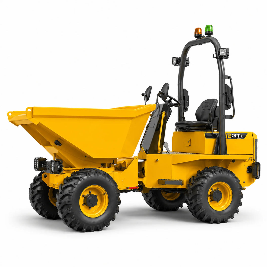3t site dumper with front skip and roll-over protection on a white background