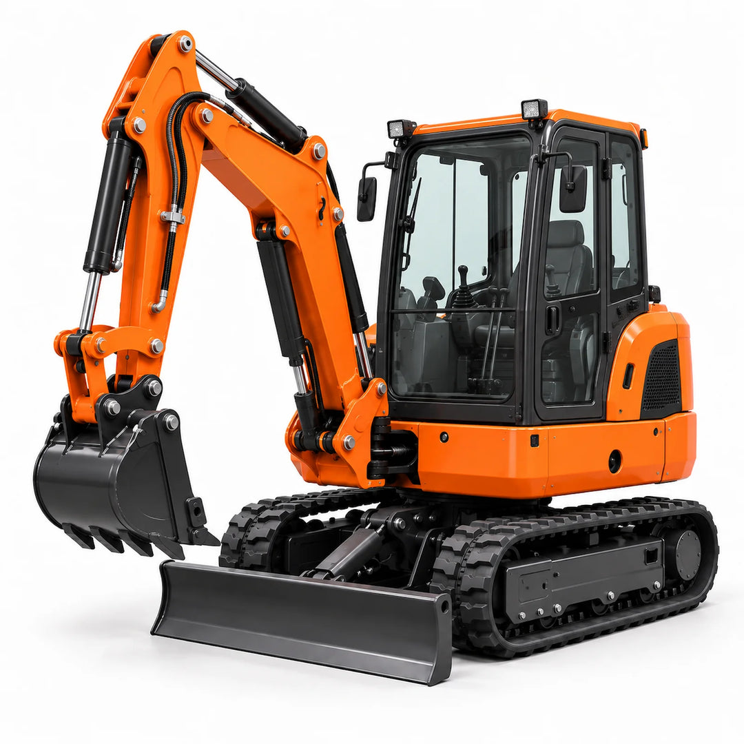 3t tracked excavator with enclosed cab and front dozer blade on a white background
