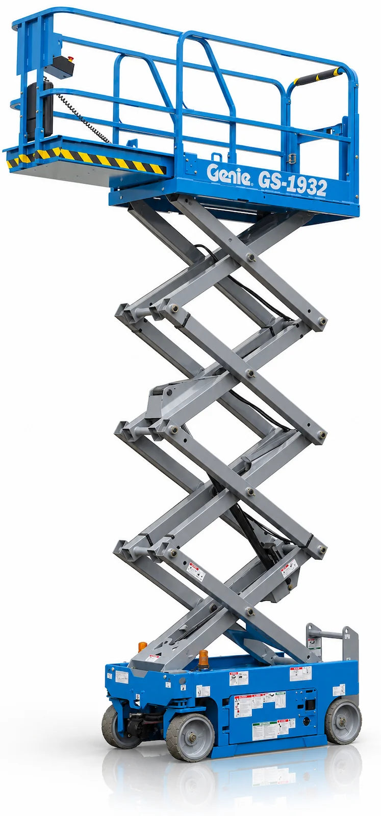 Genie GS-1932 electric scissor lift fully extended on a white background