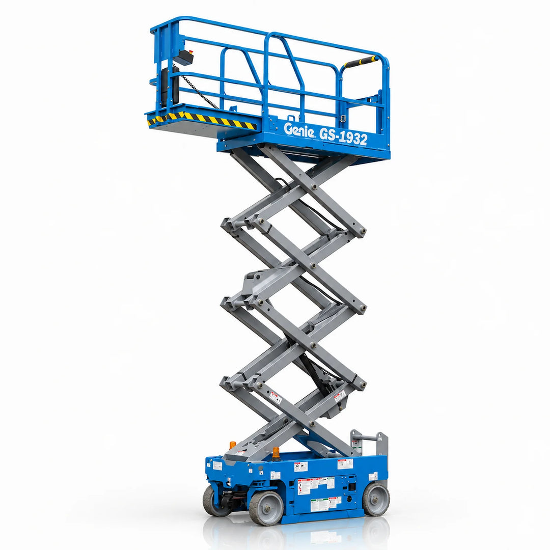 Genie GS-1932 electric scissor lift fully extended on a white background