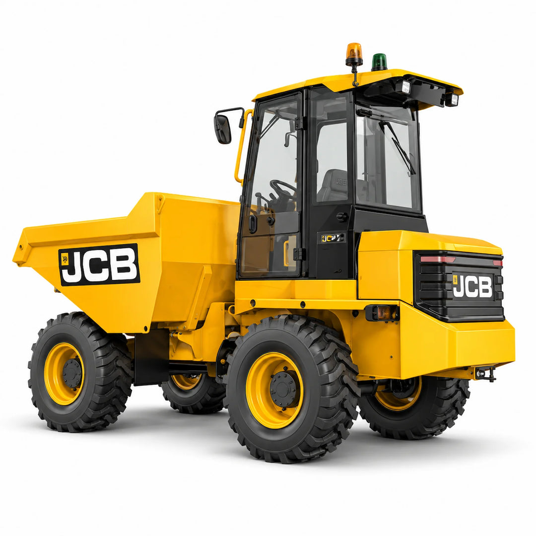 6t site dumper with enclosed cab and front skip on a white background