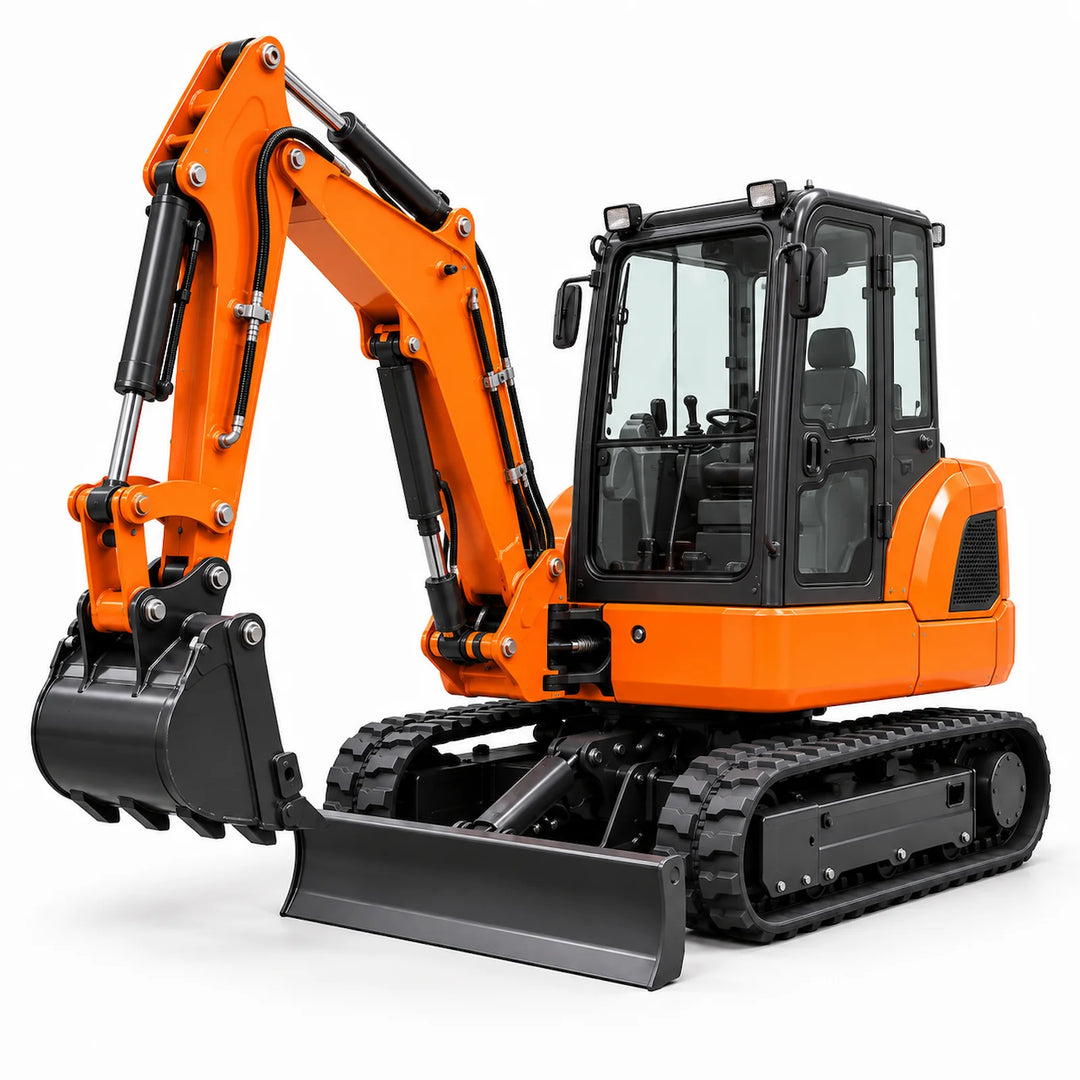 5t tracked excavator with enclosed cab and front dozer blade on a white background