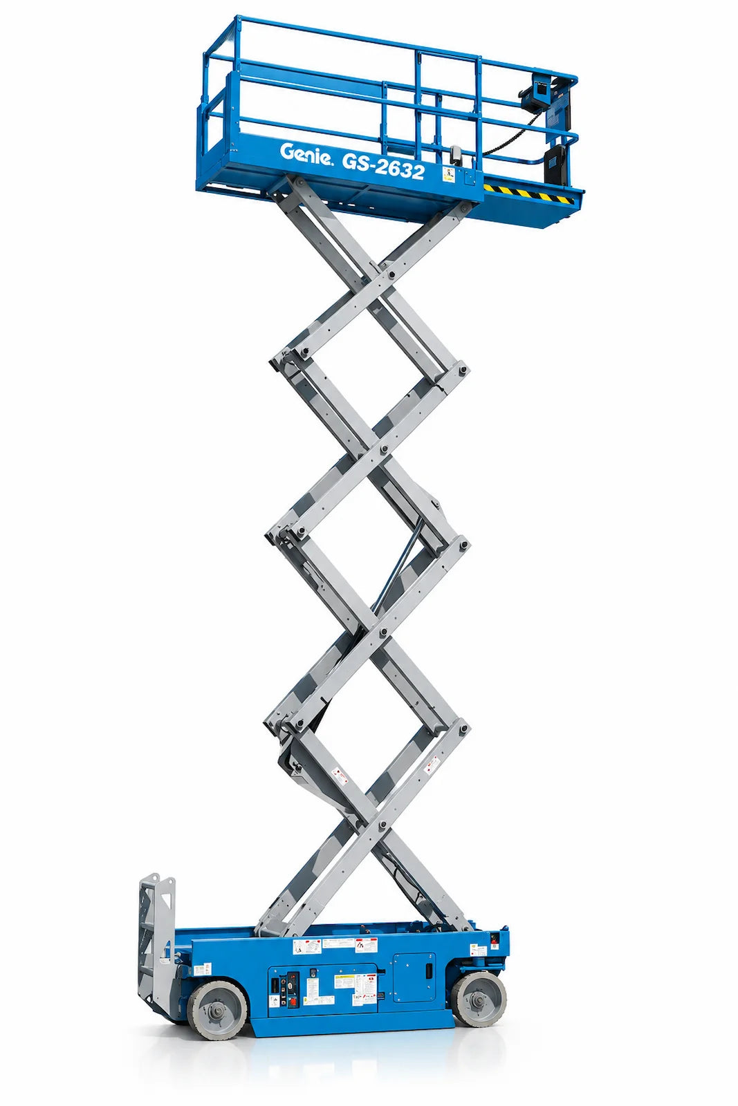 Genie GS-2632 electric scissor lift fully raised with extendable platform deck