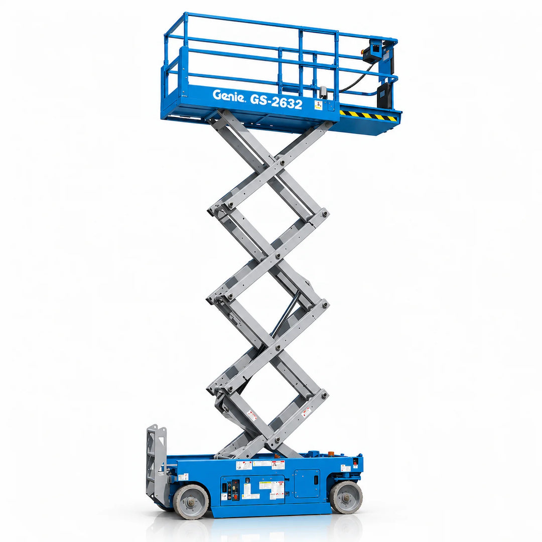 Genie GS-2632 electric scissor lift fully raised with extendable platform deck