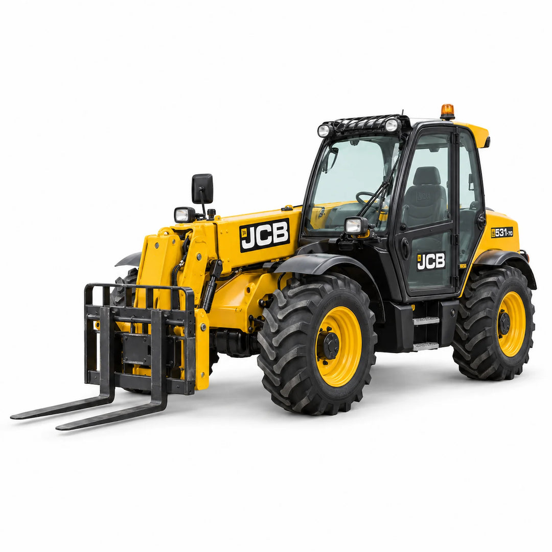 7m telehandler with pallet forks on a white background