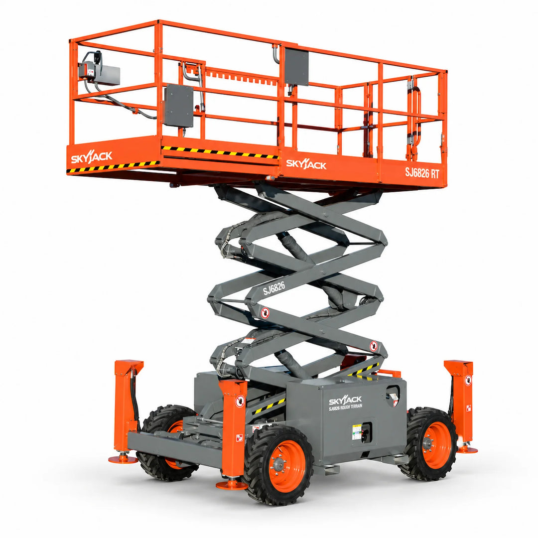 8m diesel scissor lift hire – orange and grey rough-terrain scissor lift shown raised on a clean light background.