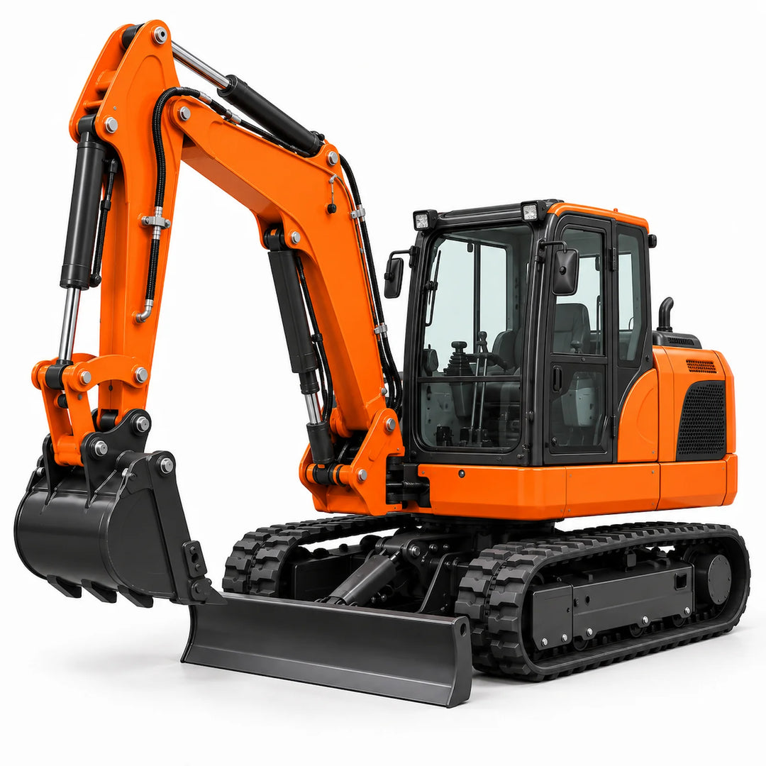 8t tracked excavator with enclosed cab and front dozer blade on a white background
