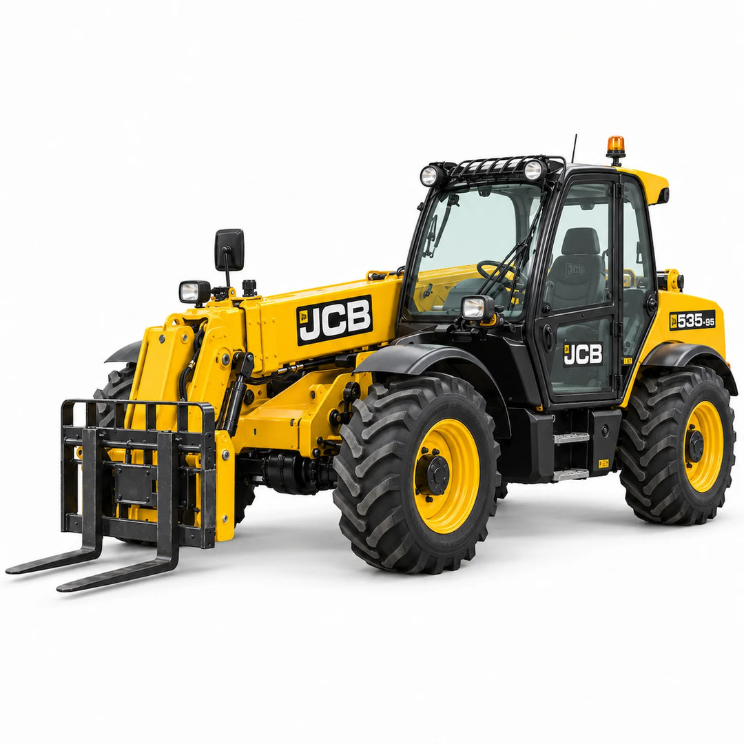 9m telehandler with pallet forks on a white background