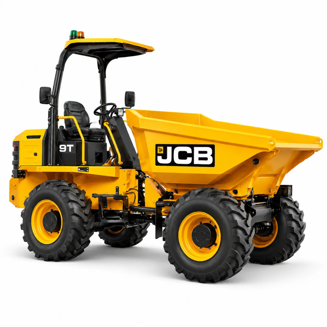 9t site dumper with front skip and operator canopy on a white background