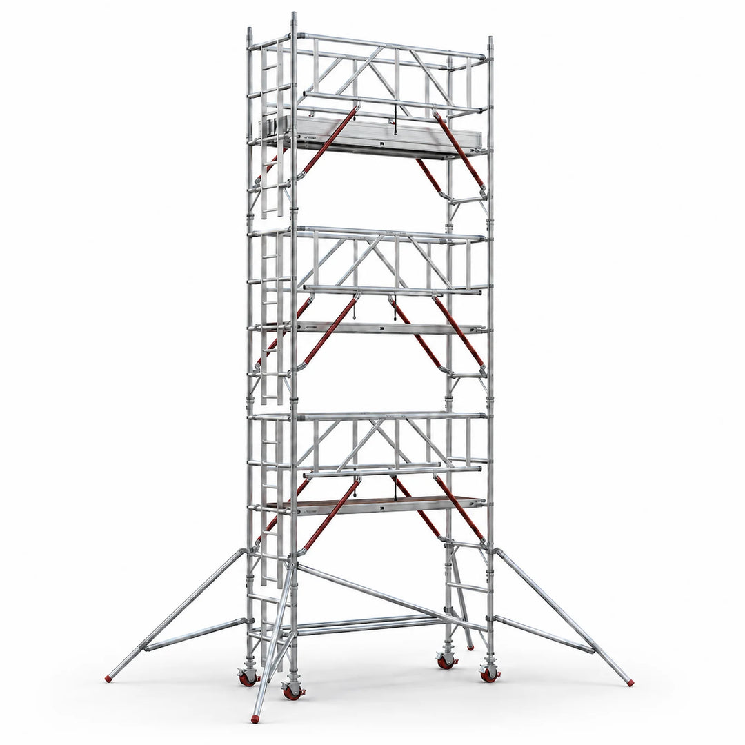 Aluminium AGR scaffold tower with stabilisers and red advanced guardrails