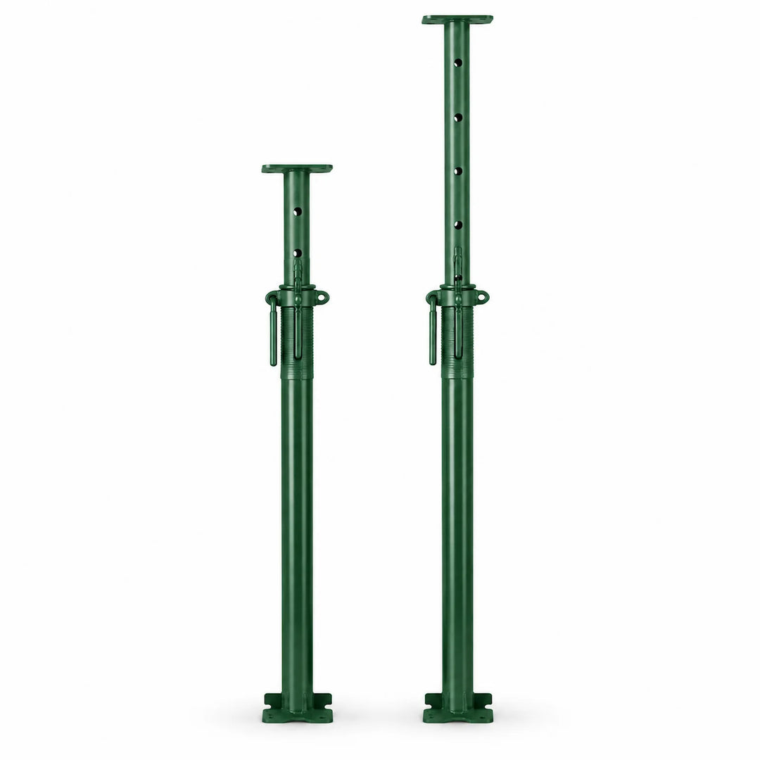 Two green adjustable Acrow Props shown side by side on a white background, one retracted and one extended to demonstrate the adjustable support height.