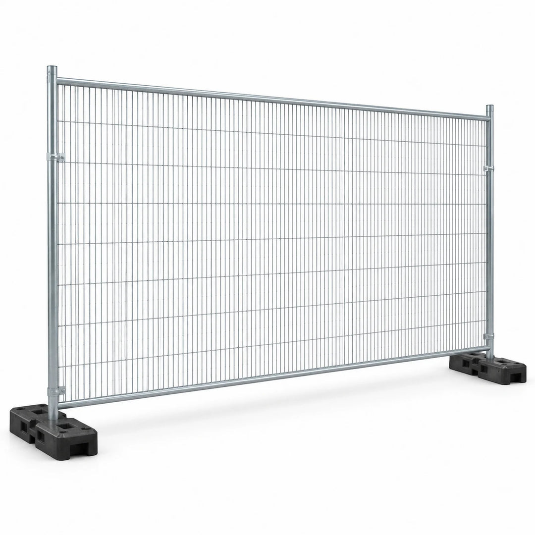 Galvanised anti-climb temporary fencing panel with support feet on a white background