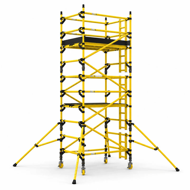 Yellow GRP scaffold tower with stabilisers, castors and integrated ladder