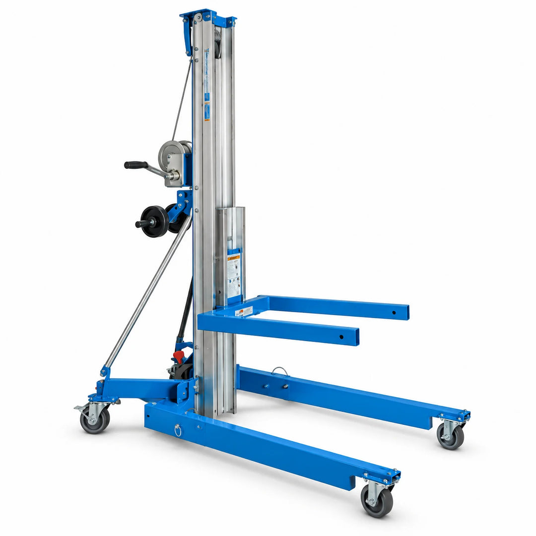 Genie Superlift material lift with forks on a white background