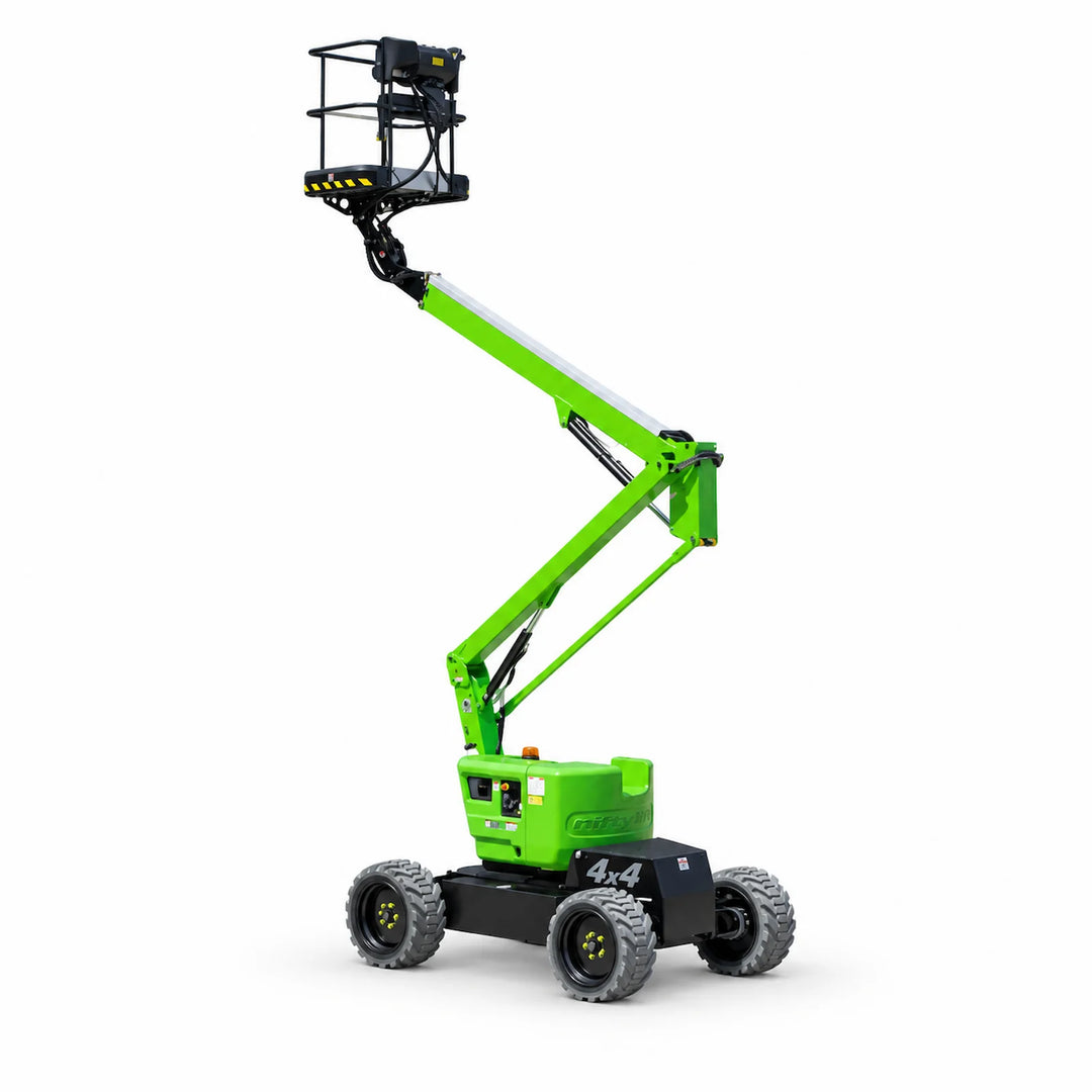 12m bi-fuel articulating boom lift fully raised on a white background