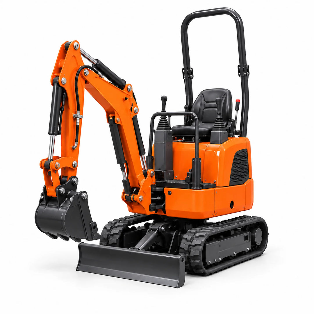 0.8t micro digger with rubber tracks and front dozer blade on a white background