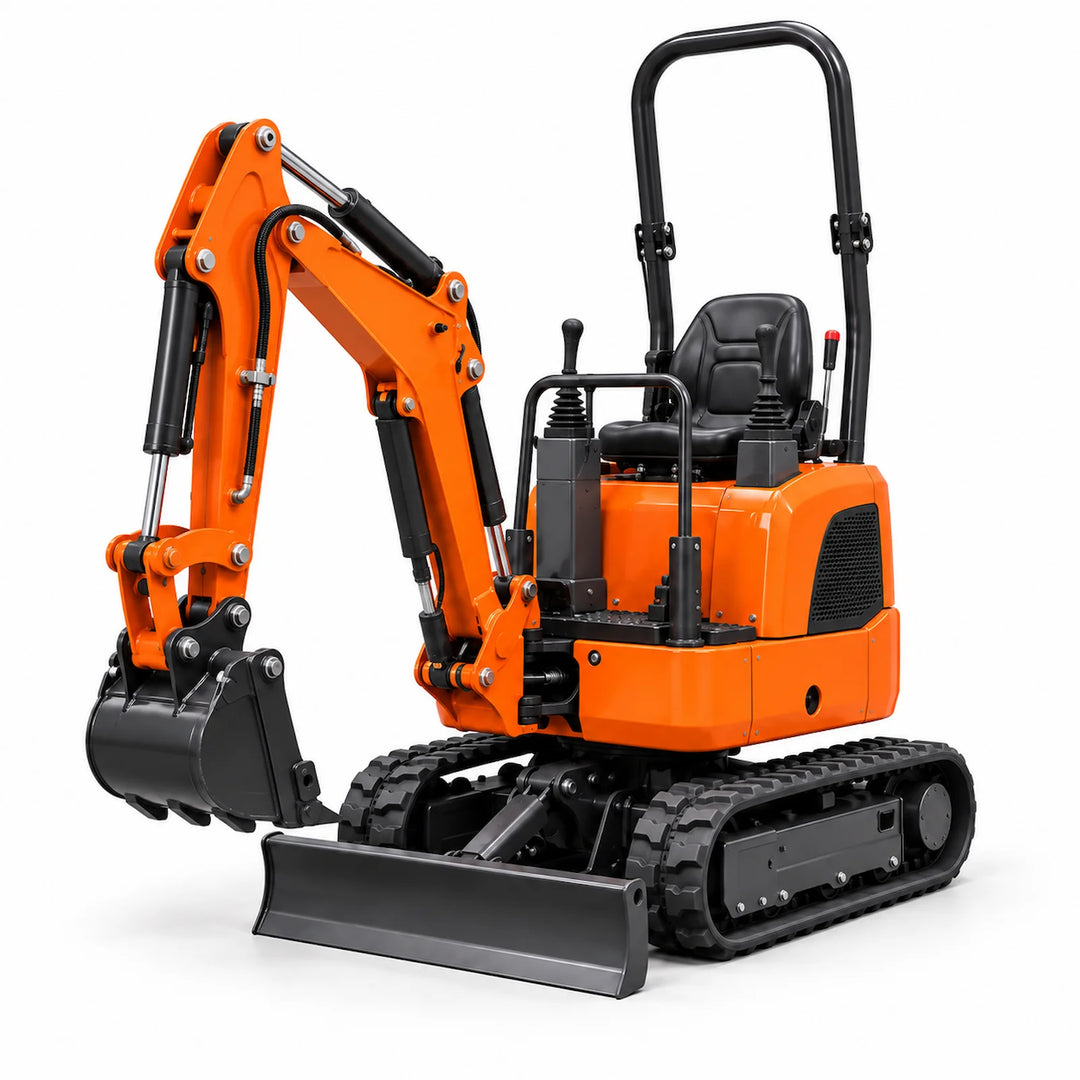 1.5t mini digger with rubber tracks and front dozer blade on a white background