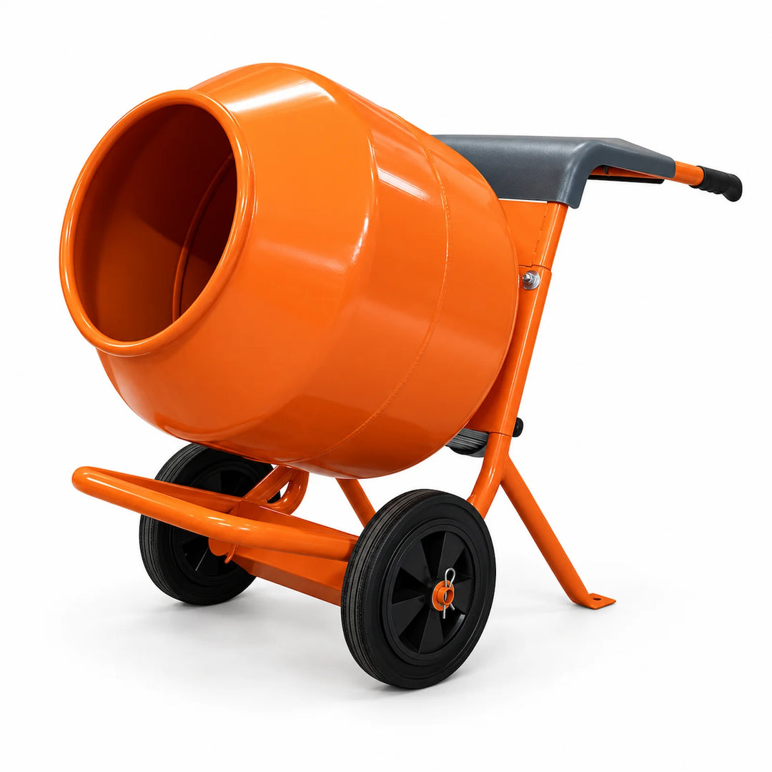 Orange portable concrete mixer on wheels on a white background