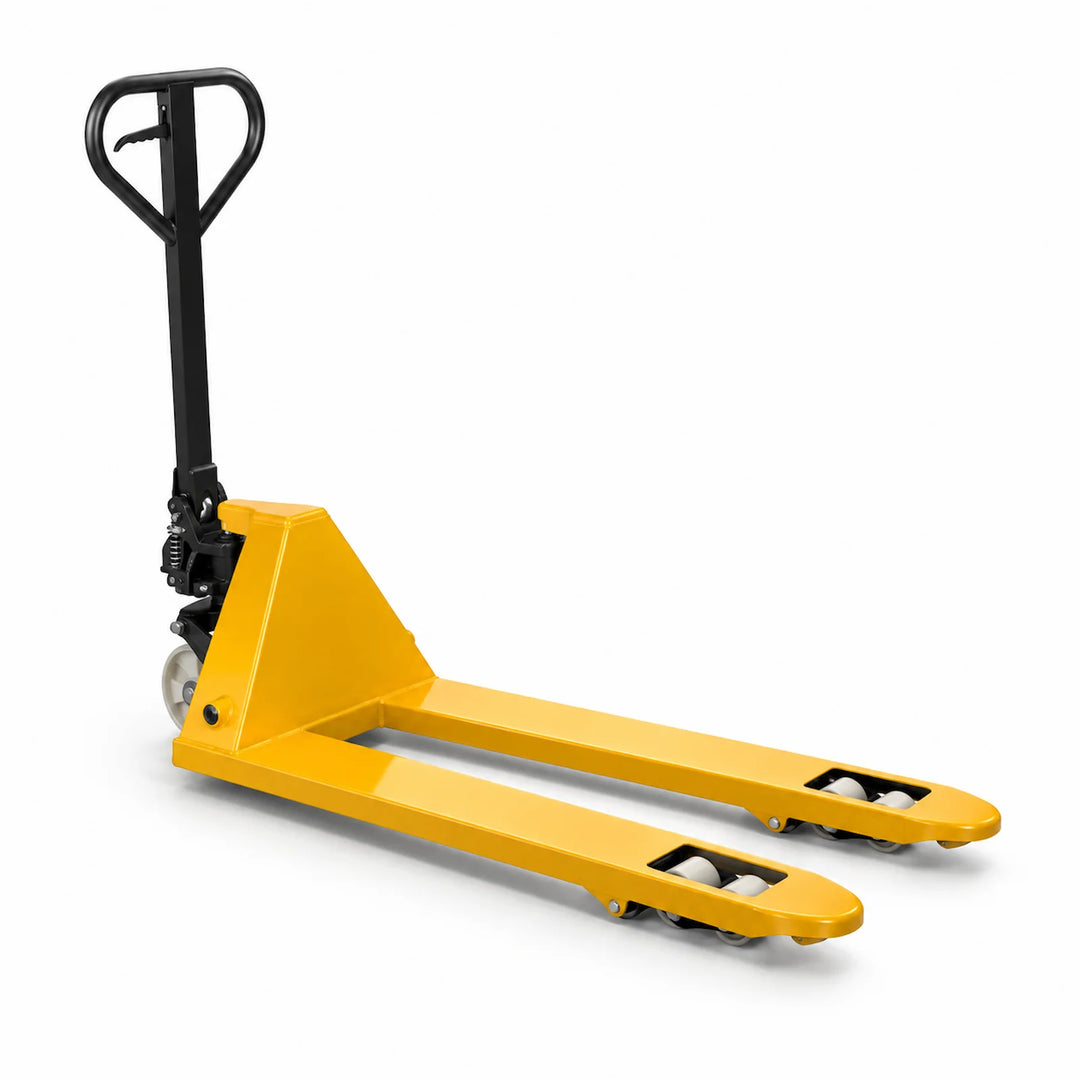 Yellow manual pallet truck with black handle, shown in a clean studio-style side view on a white background.