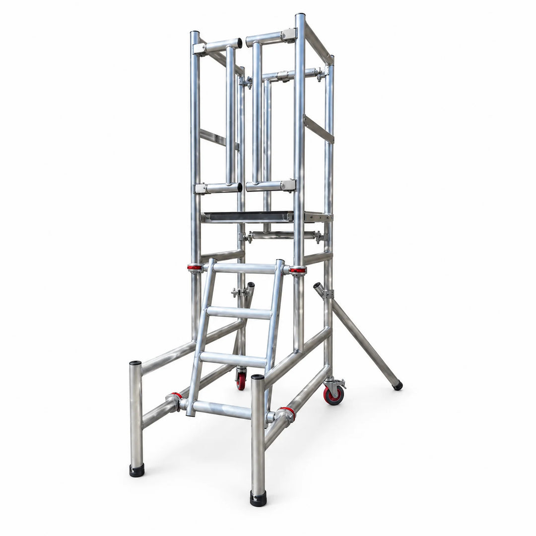Podium step with guarded platform and access steps on a white background