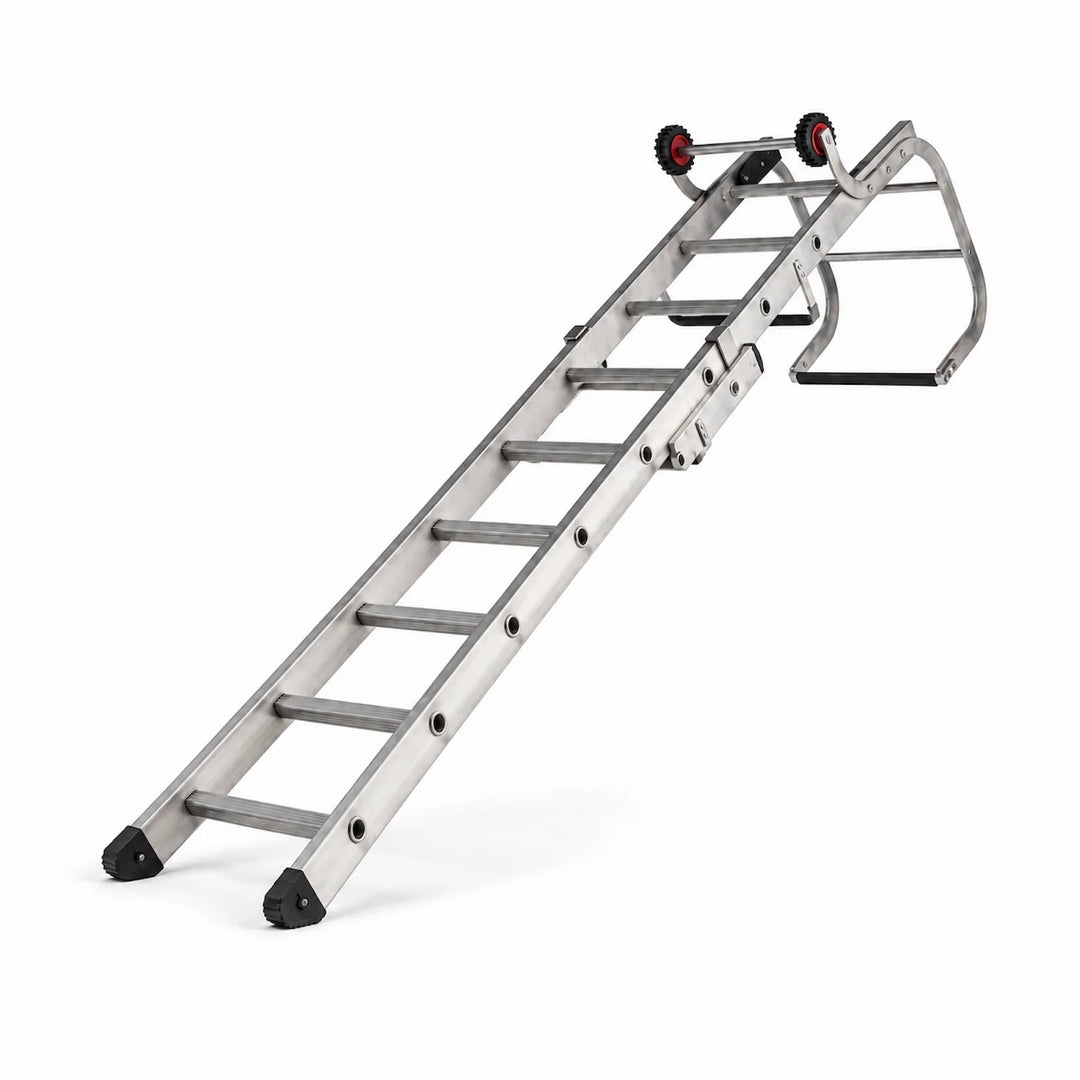 Aluminium roof ladder with ridge hook and wheels on a white background