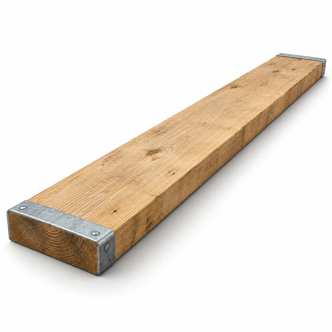 Timber scaffold board with metal end bands shown at an angle on a white background.