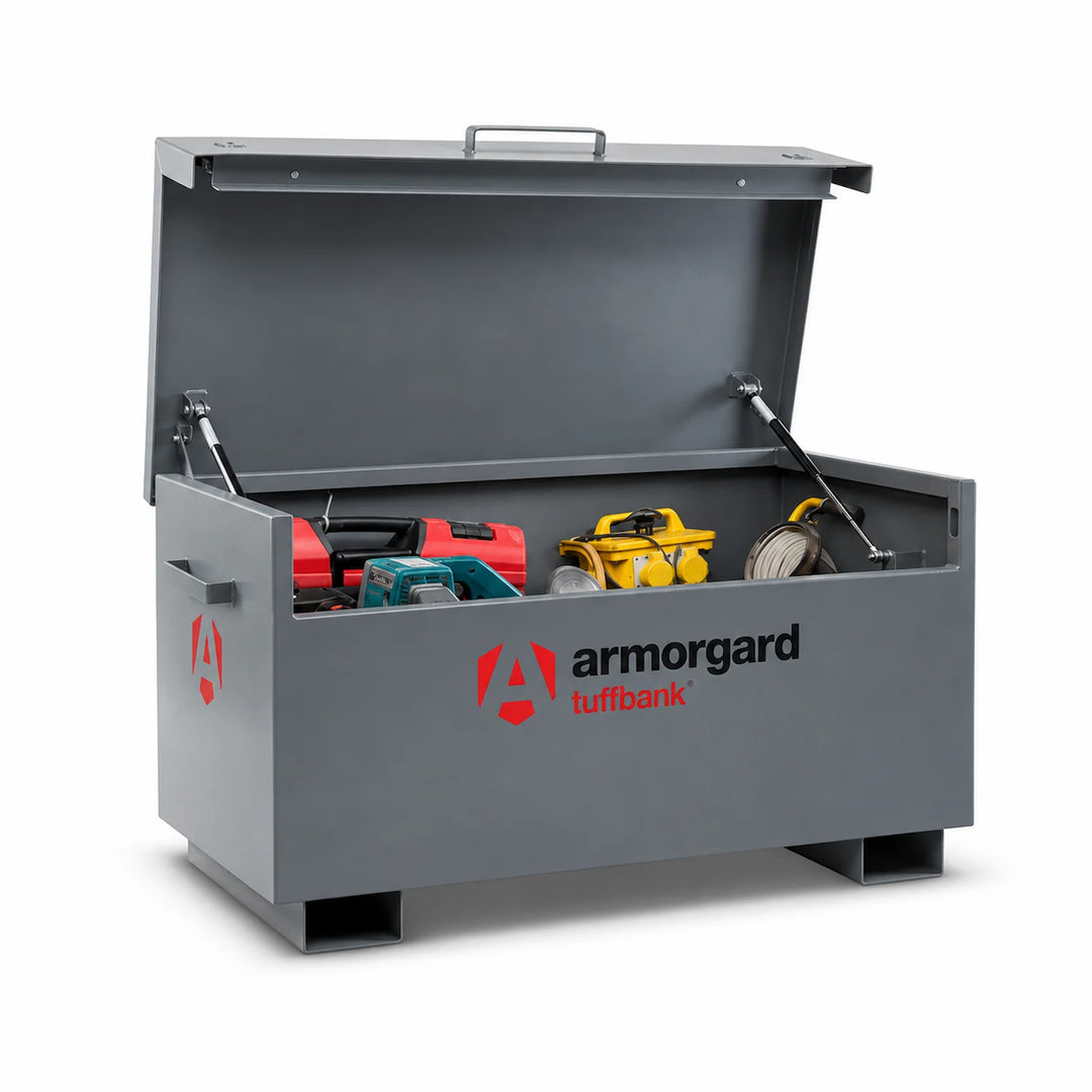 Heavy-duty steel site storage box with open lid on a white background
