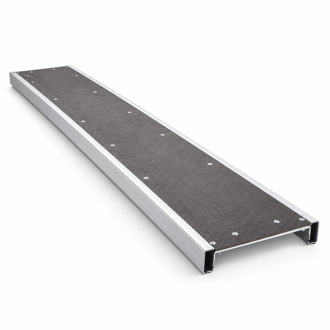 Aluminium staging board with anti-slip deck and metal end supports on a white background.