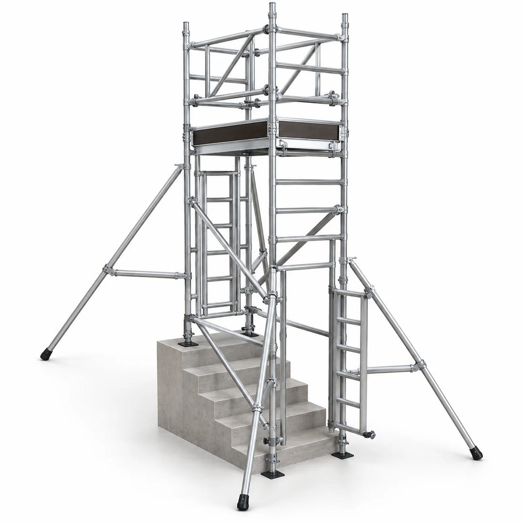 Aluminium stairwell scaffold tower positioned over a staircase with stabilisers