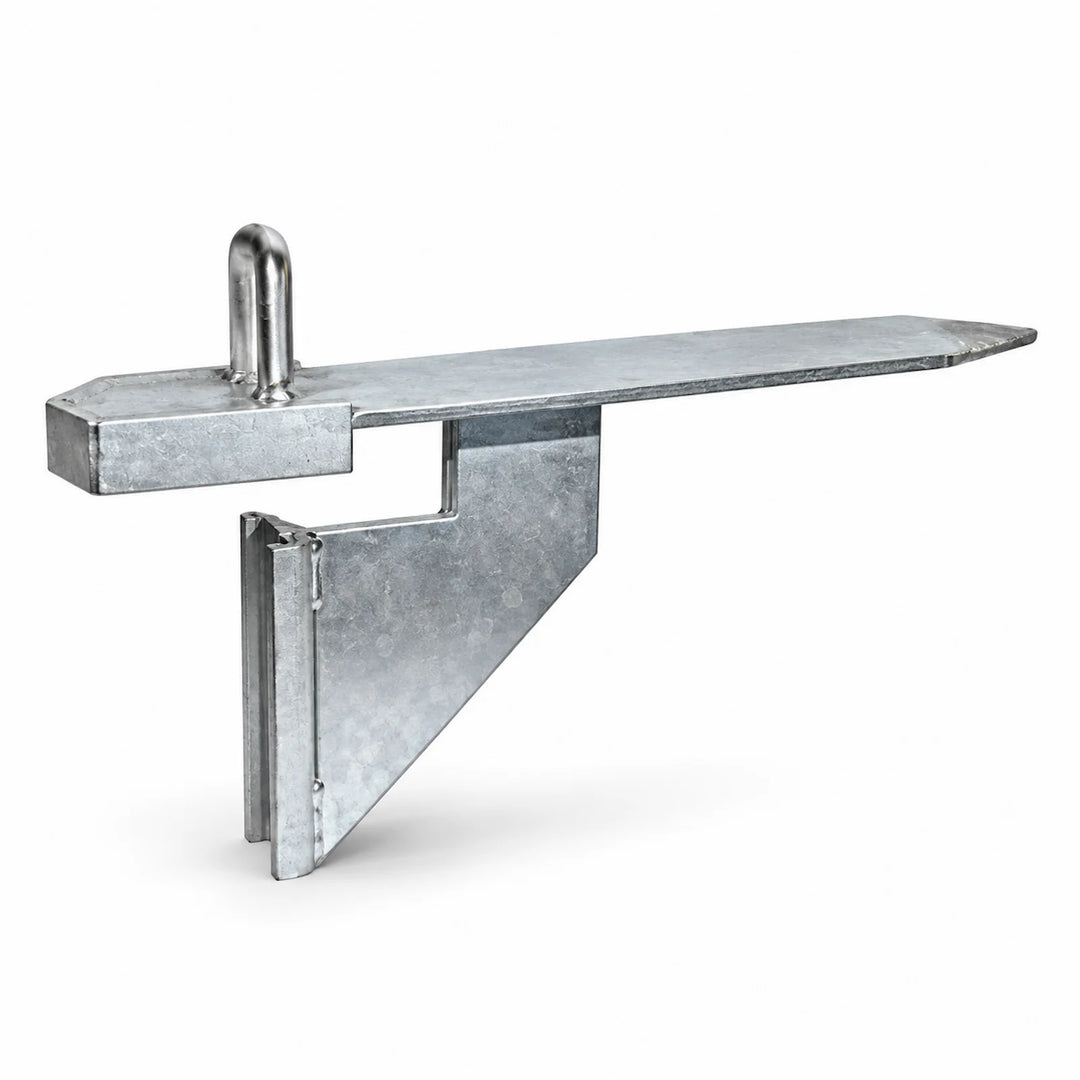 Galvanised steel Strongboy masonry support attachment shown on a white background, with a flat blade top section and angled bracket for use with an Acrow Prop.