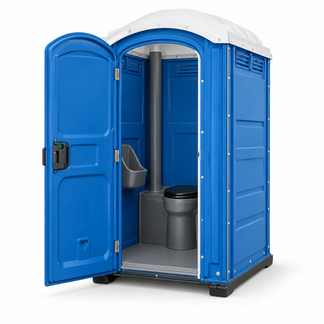 Blue portable site toilet with open door on a white background