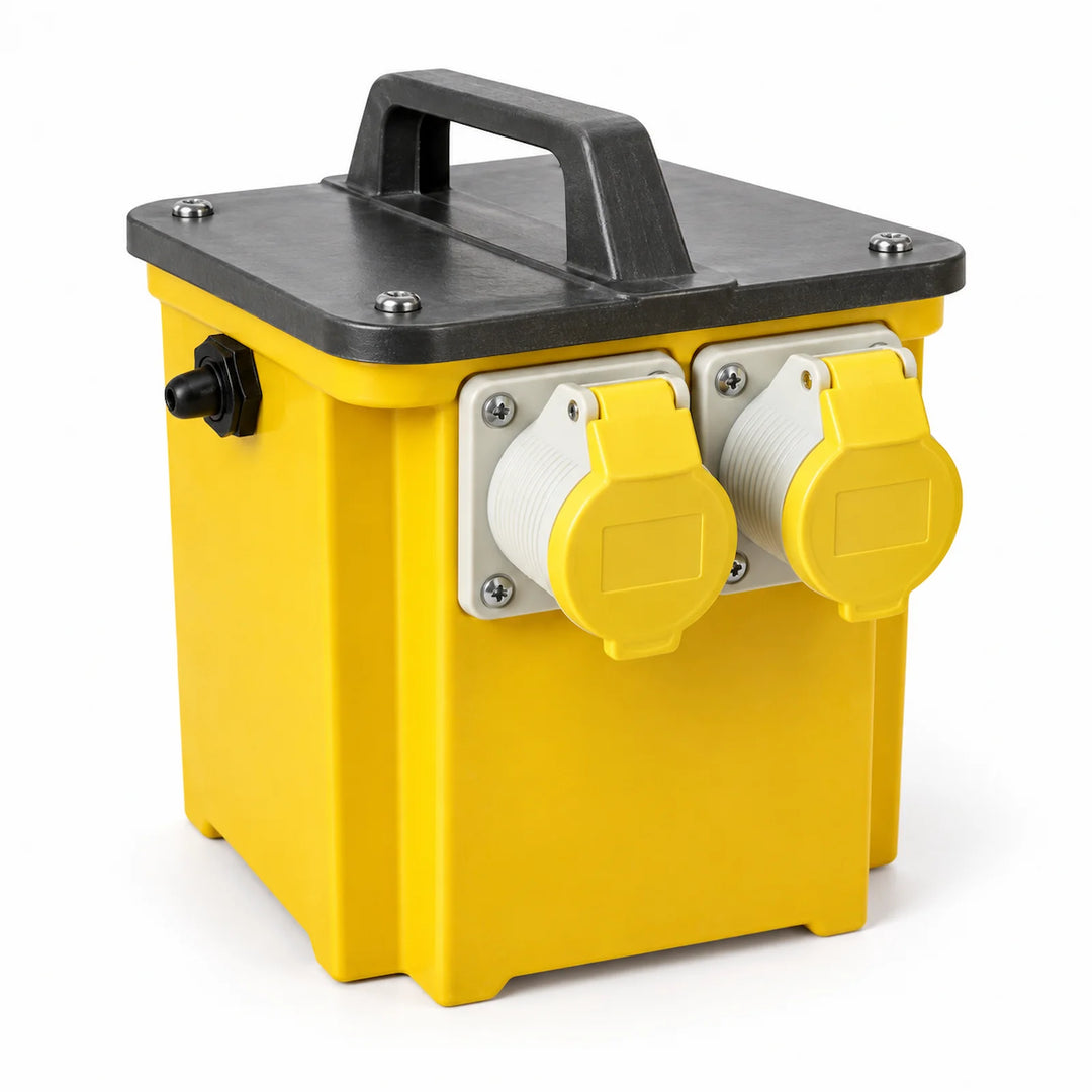 Portable 3kVA site transformer with 110V outlets on a white background