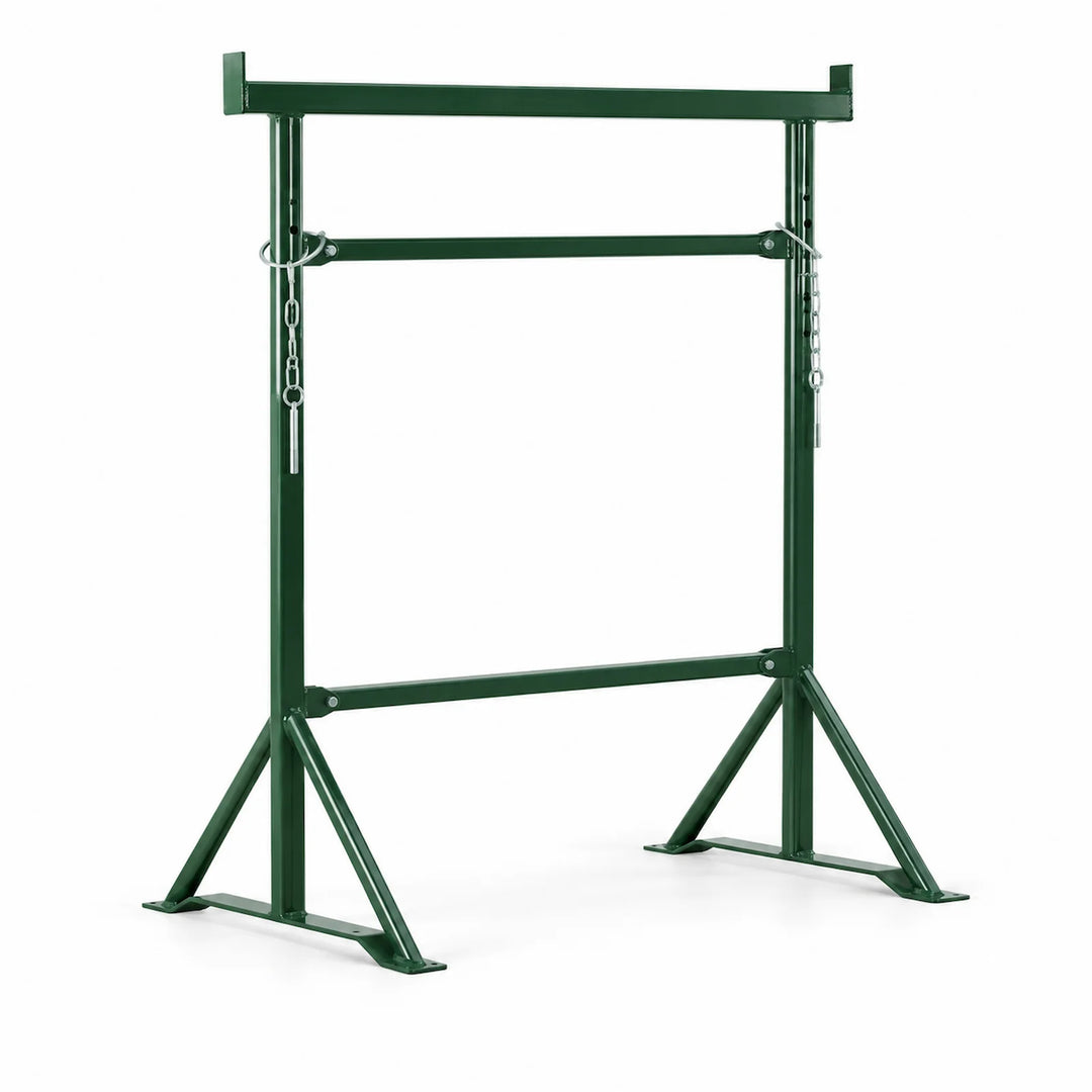 Adjustable green steel trestle shown on a white background, photographed front-on with a sturdy rectangular frame and splayed support legs.