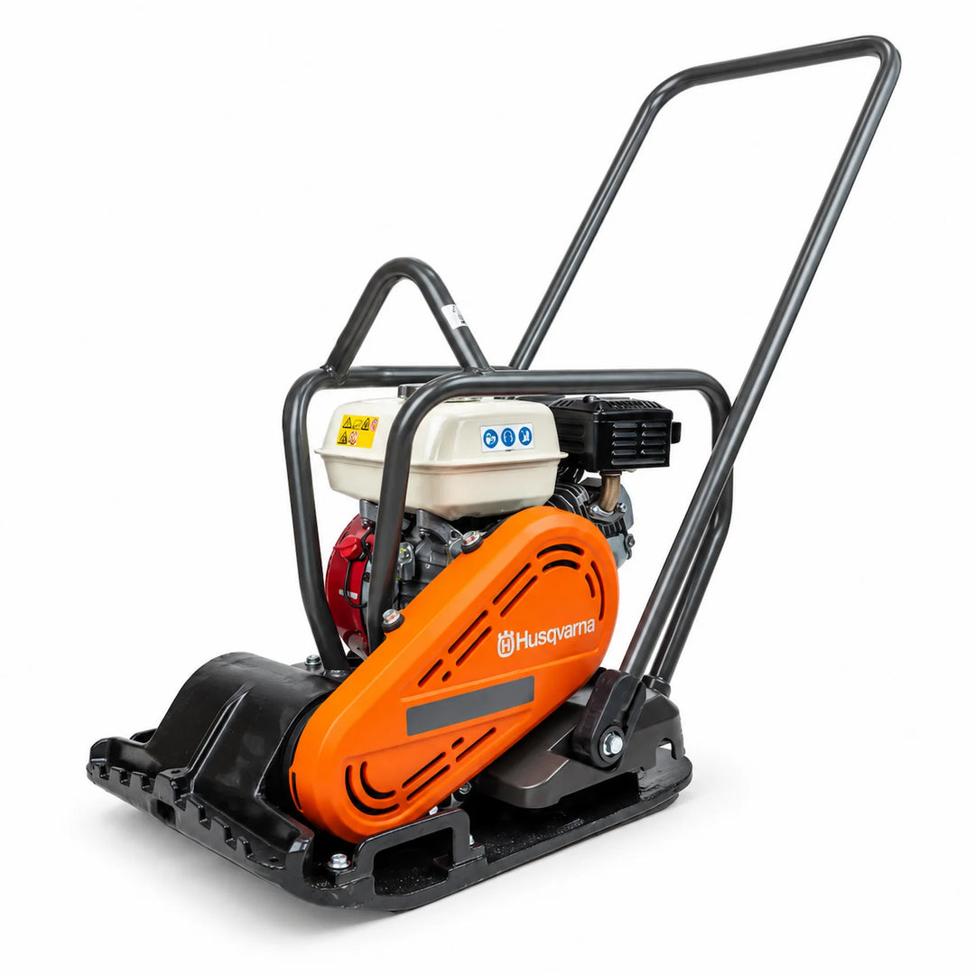 Petrol plate compactor with folding handle on a white background