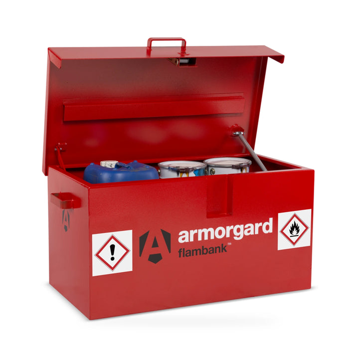 Armorgard FlamBank FB1 Van Box — open box with illustrative hazardous-storage containers. Containers shown for illustration, not included.