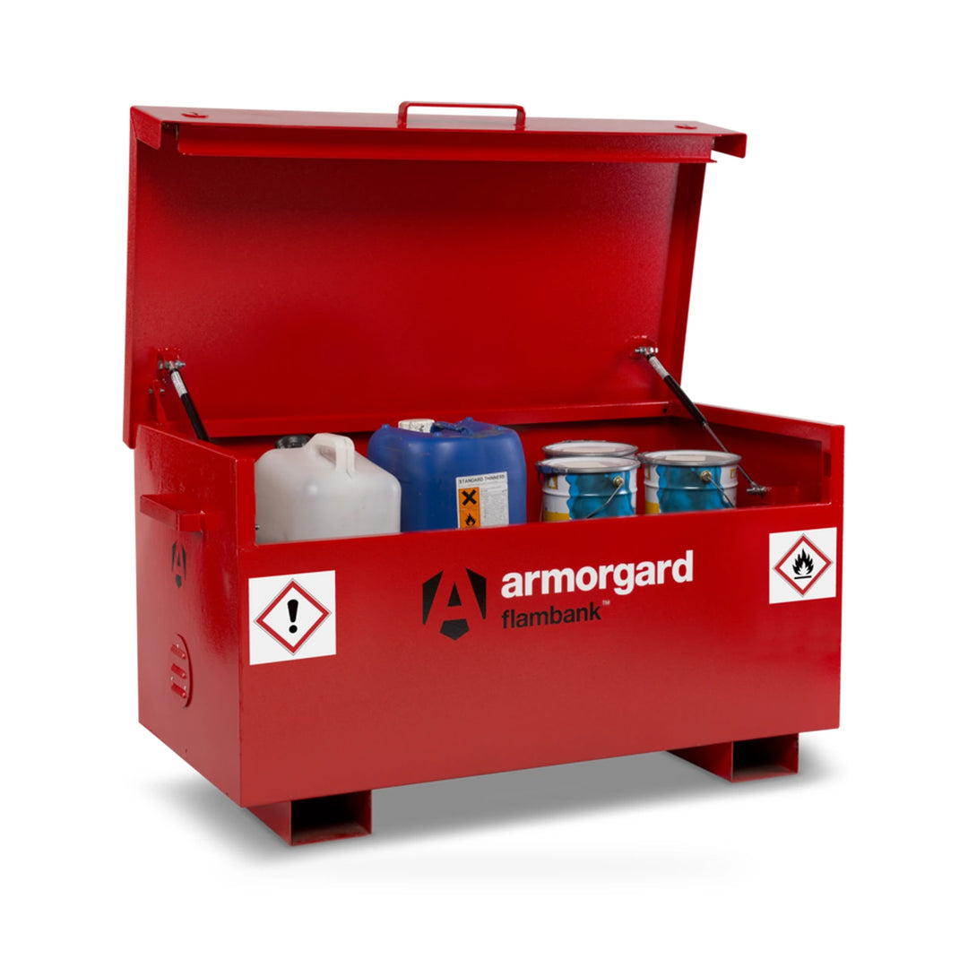 Armorgard FlamBank FB2 Site Box — open box with illustrative hazardous-storage containers. Containers shown for illustration, not included.