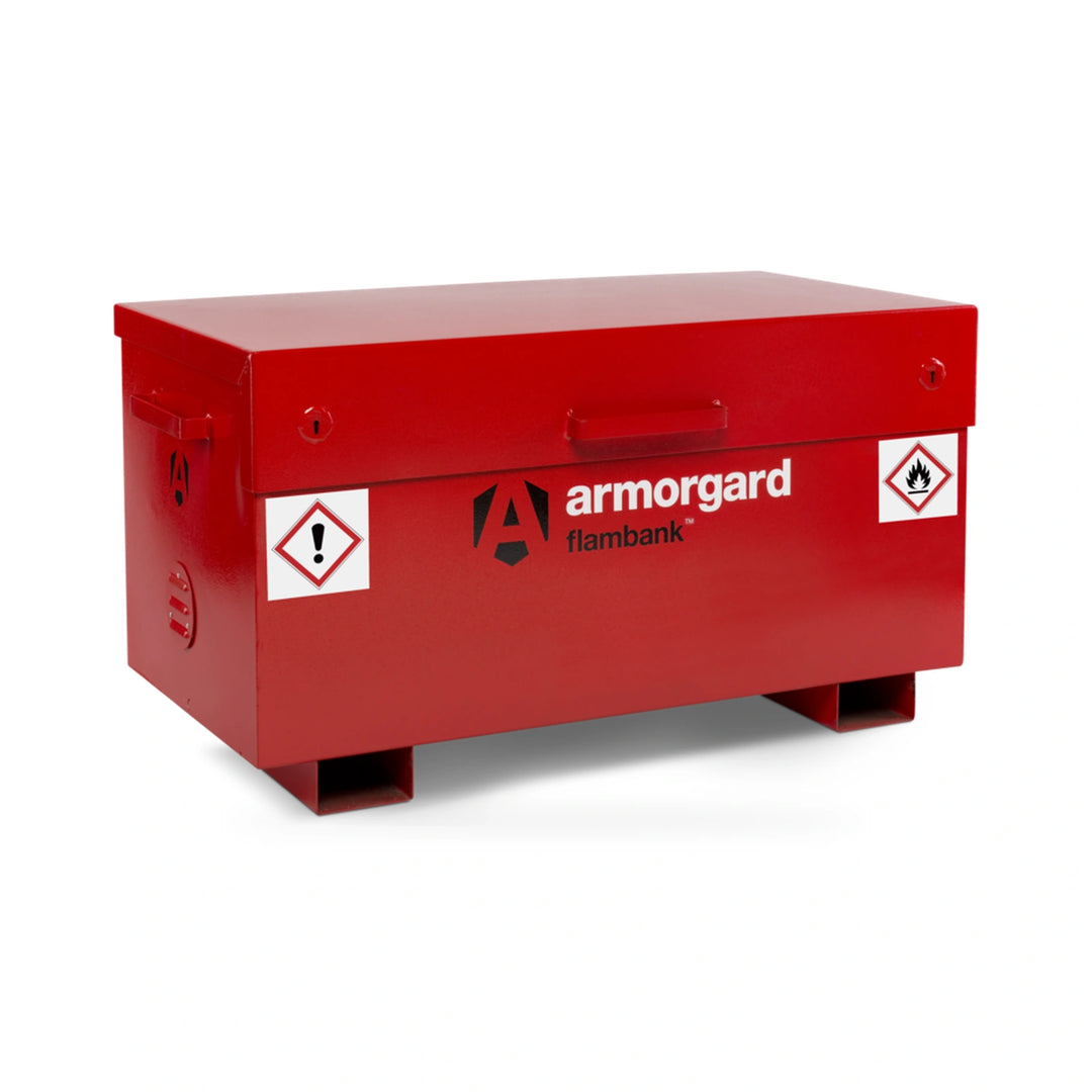 Armorgard FlamBank FB2 Site Box — front-left view with lid closed