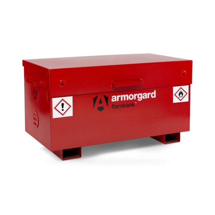 Armorgard FlamBank FB2 Site Box — front-left view with lid closed