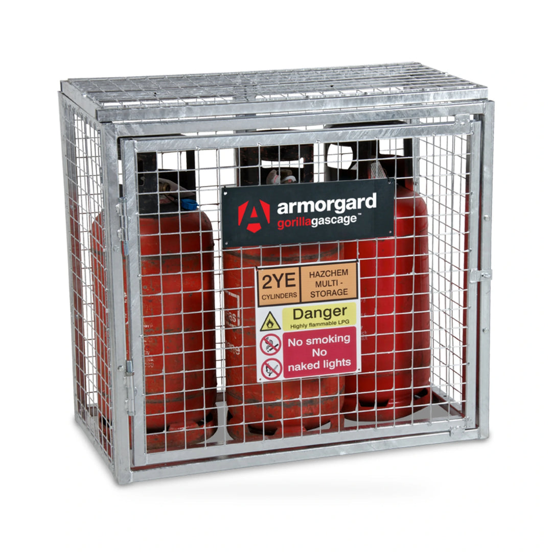Armorgard Gorilla Gas Cage GGC1 — closed cage with illustrative gas cylinders. Gas cylinders shown for illustration, not included.