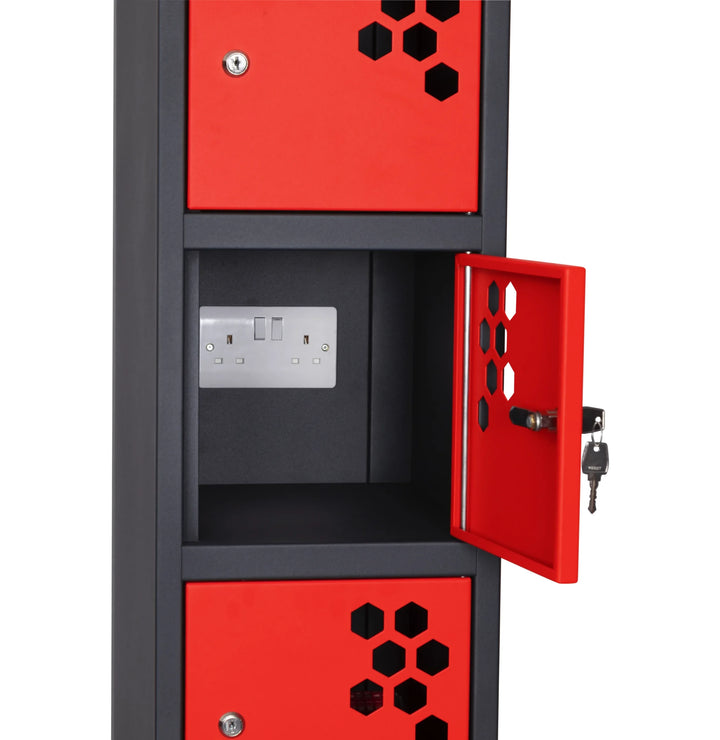 Armorgard PowerStation PWS6K 6-Locker Charging Station — UK Type G double-socket and key-camlock detail. UK three-pin socket configuration visible.