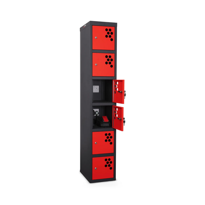 Armorgard PowerStation PWS6K 6-Locker Charging Station — open lockers with illustrative chargers and batteries. Chargers and batteries shown for illustration, not included.