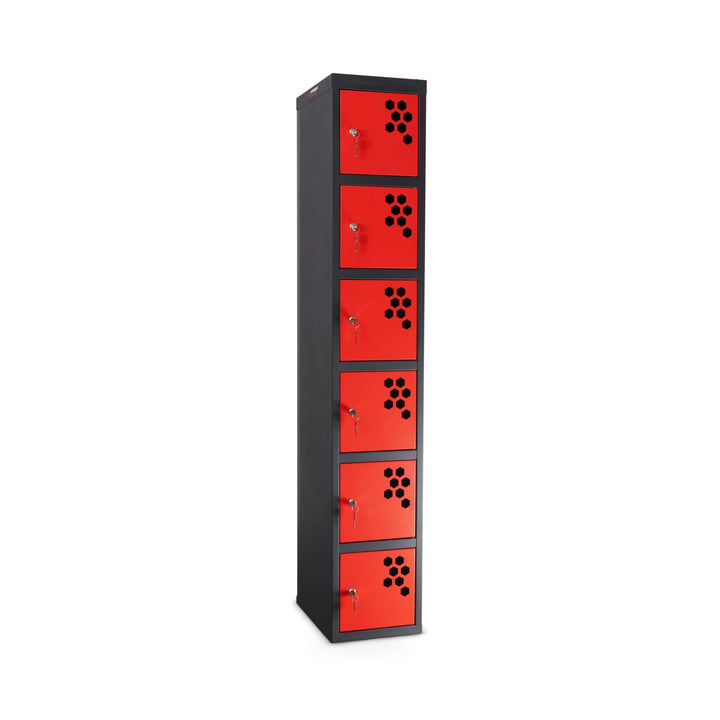 Armorgard PowerStation PWS6K 6-Locker Charging Station — six lockers with key camlocks and doors closed. UK PWS6K imagery from exact current model page.