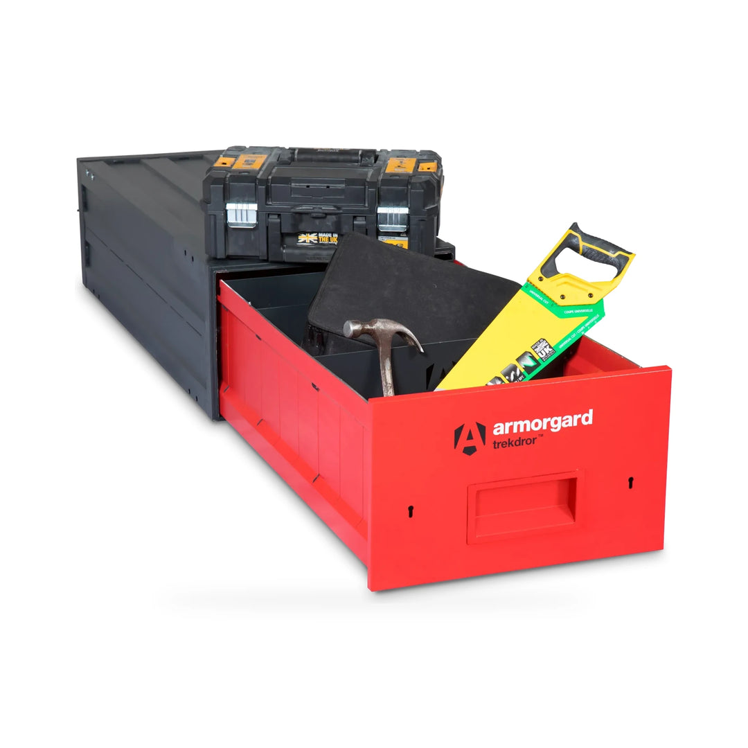 Armorgard TrekDror TKD1 Vehicle Tool Drawer — with optional dividers and illustrative tools. Optional dividers shown; tools are illustrative and not included.