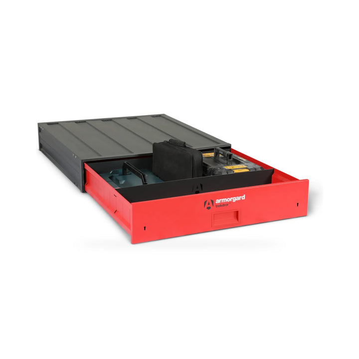 Armorgard TrekDror TKD2 Vehicle Tool Drawer — with optional dividers and illustrative tools. Optional dividers shown; tools are illustrative and not included.