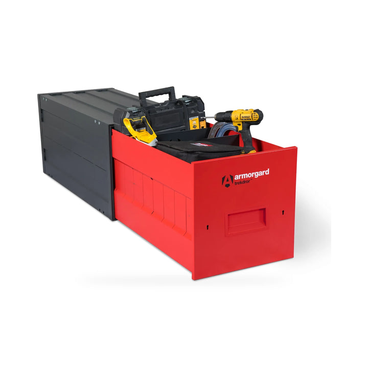 Armorgard TrekDror TKD3 Vehicle Tool Drawer — with optional dividers and illustrative tools. Optional dividers shown; tools are illustrative and not included.
